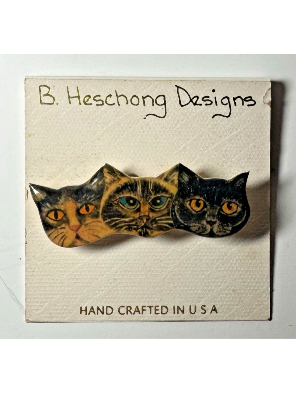 Vintage B. Heschong Designs Cat Brooch Hand Crafted USA Triple Cat Pin 2.5”